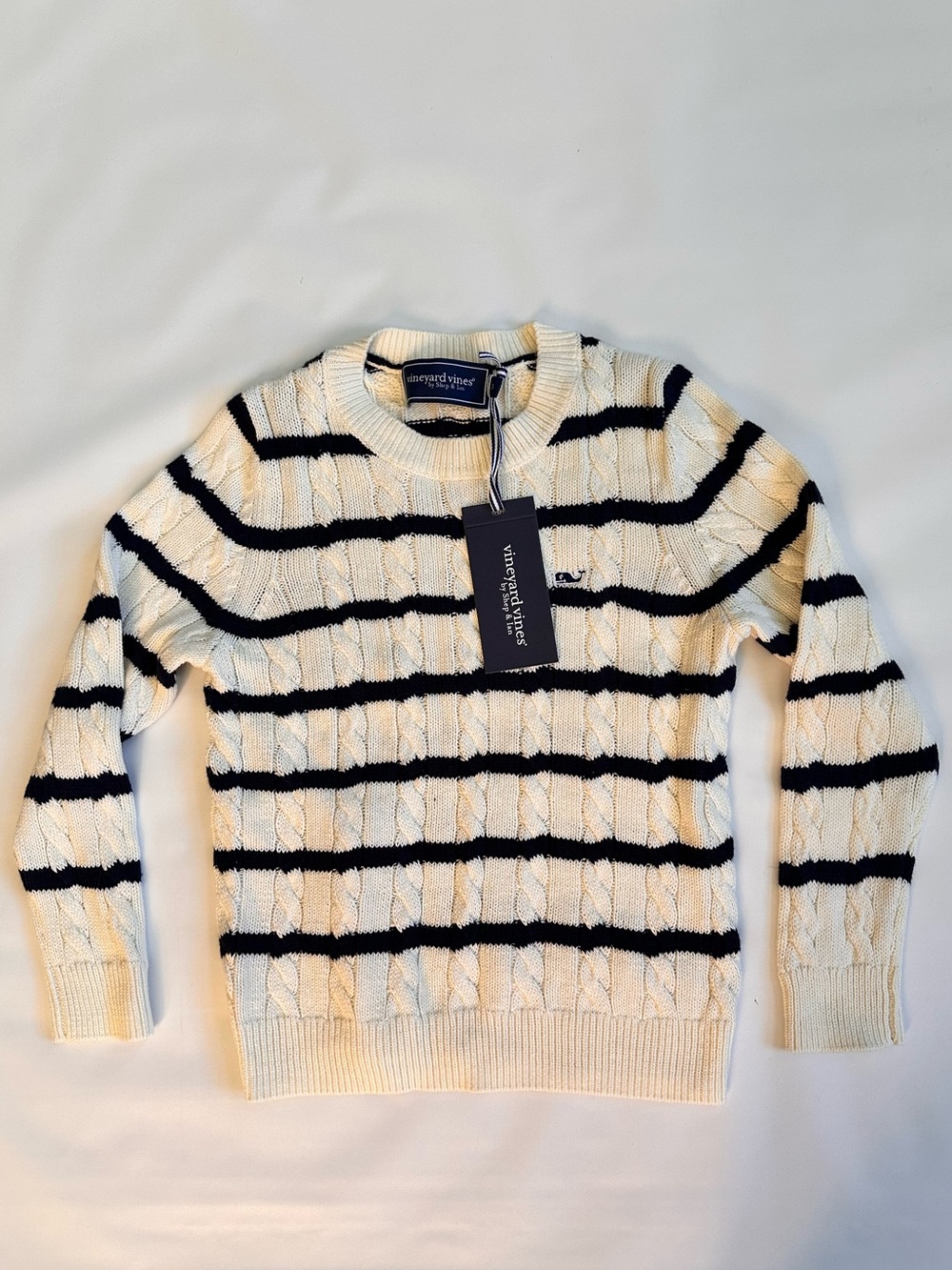 Vineyard Vines Cream and Navy Striped Cable Knit Sweater
